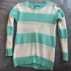 turquoise and white sweater